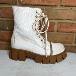 Chic White Leather Combat Boots with Tan Soles
